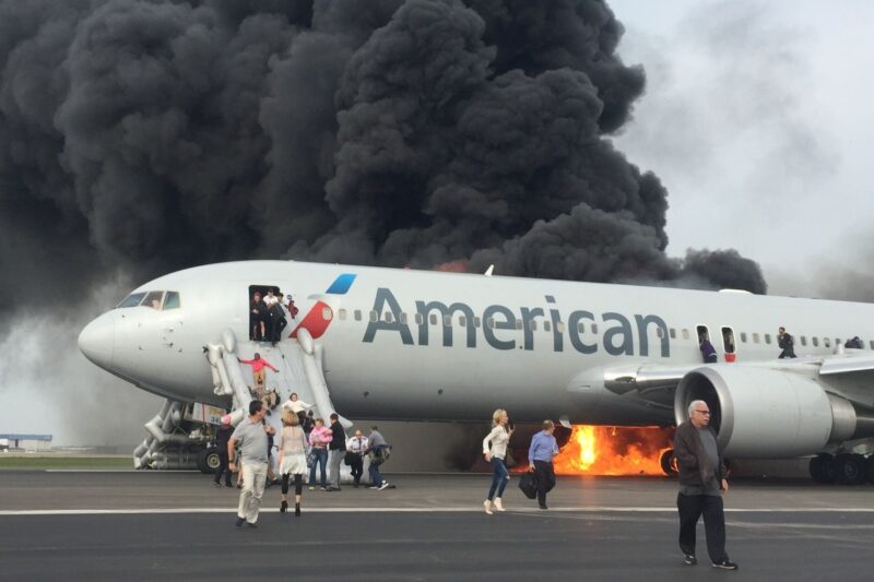 a plane on fire with people walking around