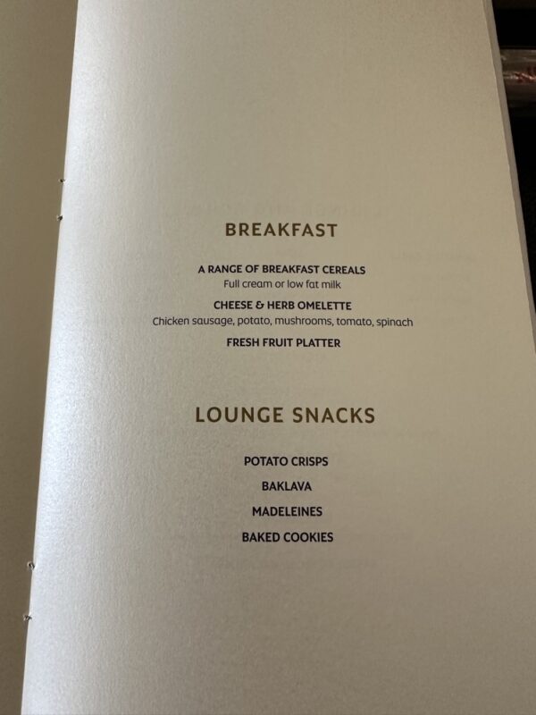 a menu of breakfast and lounge snacks