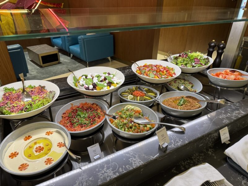 a buffet with different food items